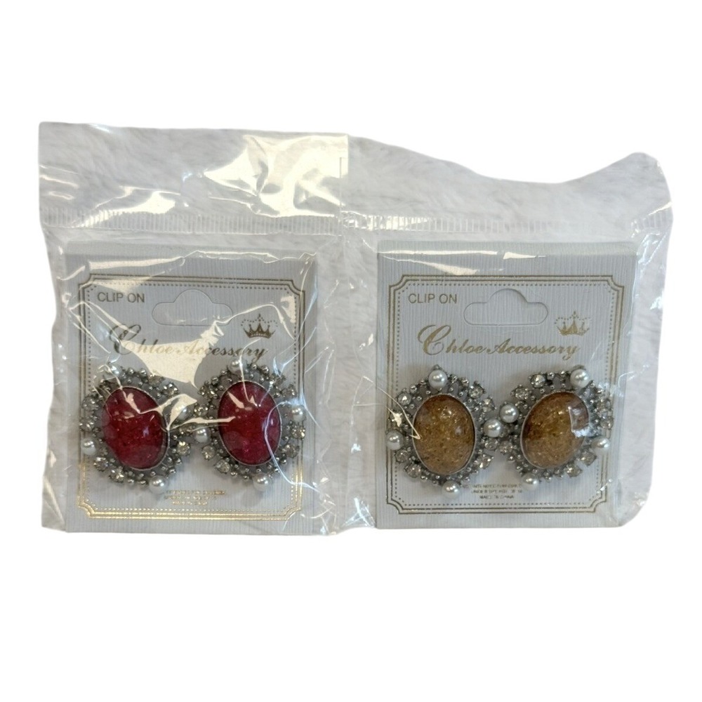 Chloe Accessory Clip On Earrings Lot 2 Pairs Rhinestone Pearl Statement NWT